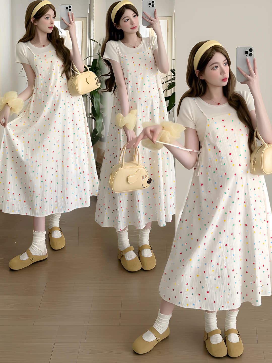 Women's 2026 Korean style set with short sleeve and polka dot dress (maternity)