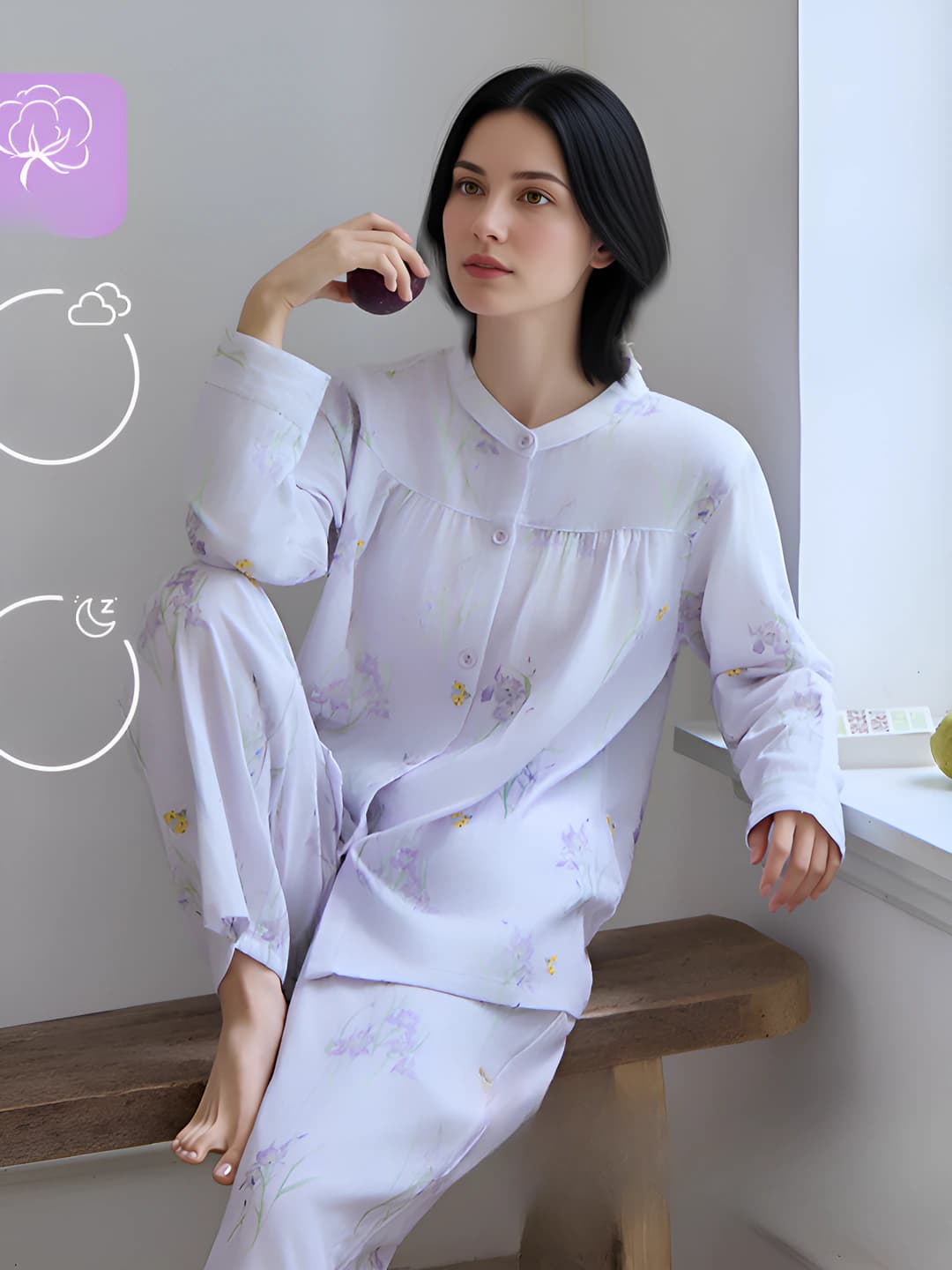 Women's pure cotton pajama set: long sleeve cardigan and trousers, crew neck, printed, spring-autumn, all-season