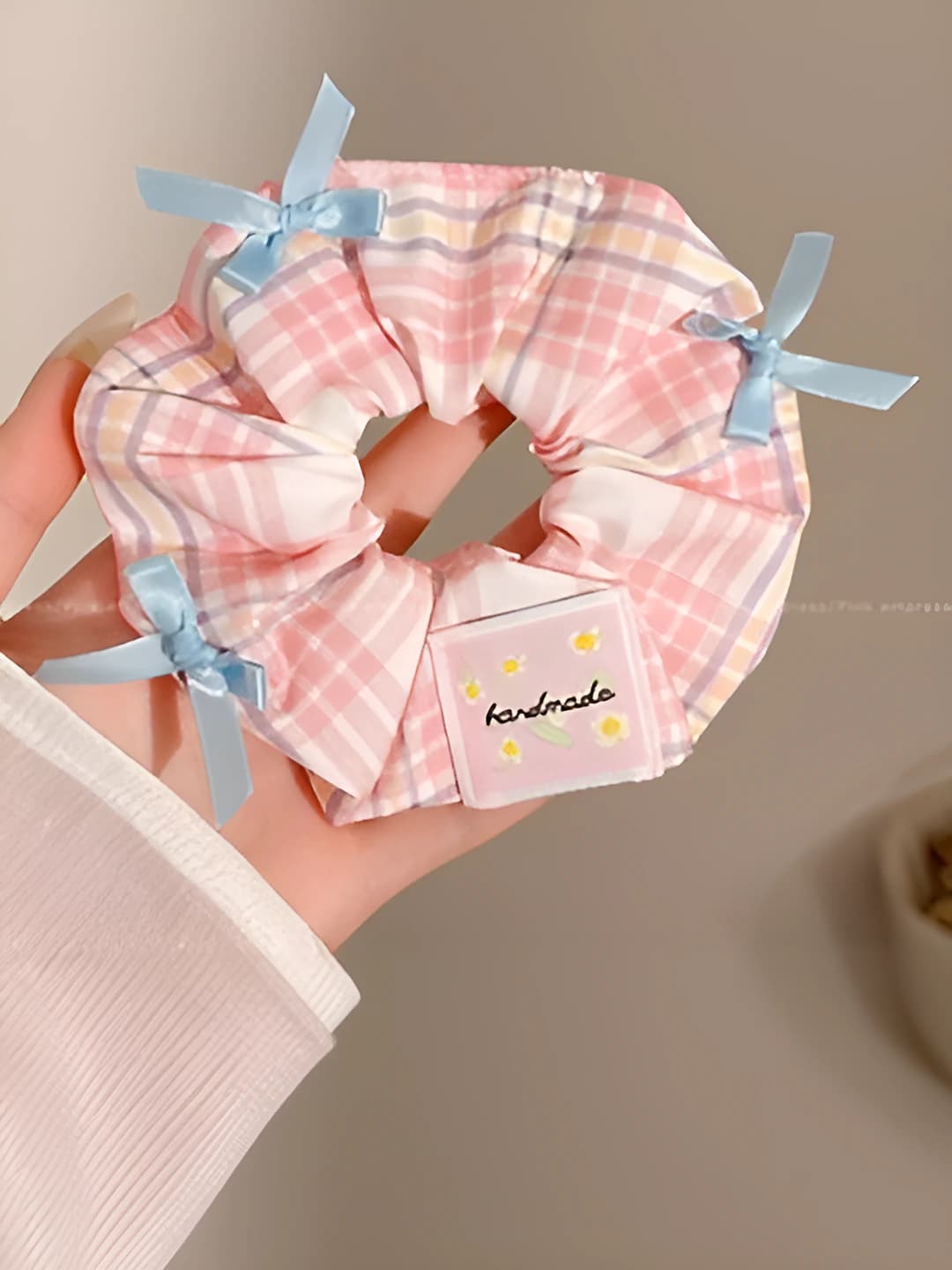 Розовая клетка, бант, 11 см