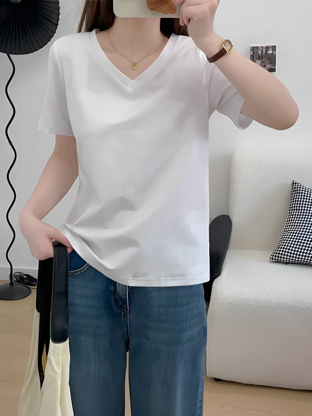 Women's V-neck short-sleeve t-shirt, loose fit, slimming, pure cotton, summer, casual
