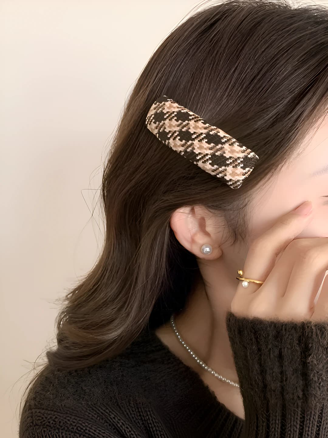 1# Coffee plaid hair clip 8 cm