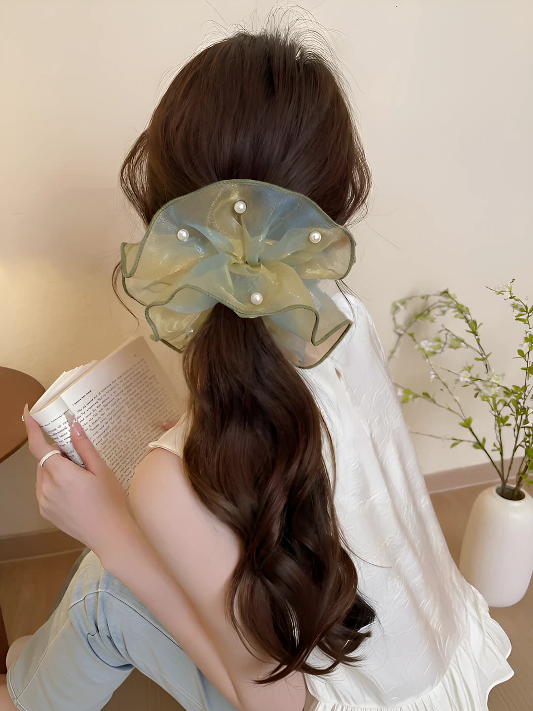 Women's hair tie in Korean style, stretch mesh, high elasticity, red color