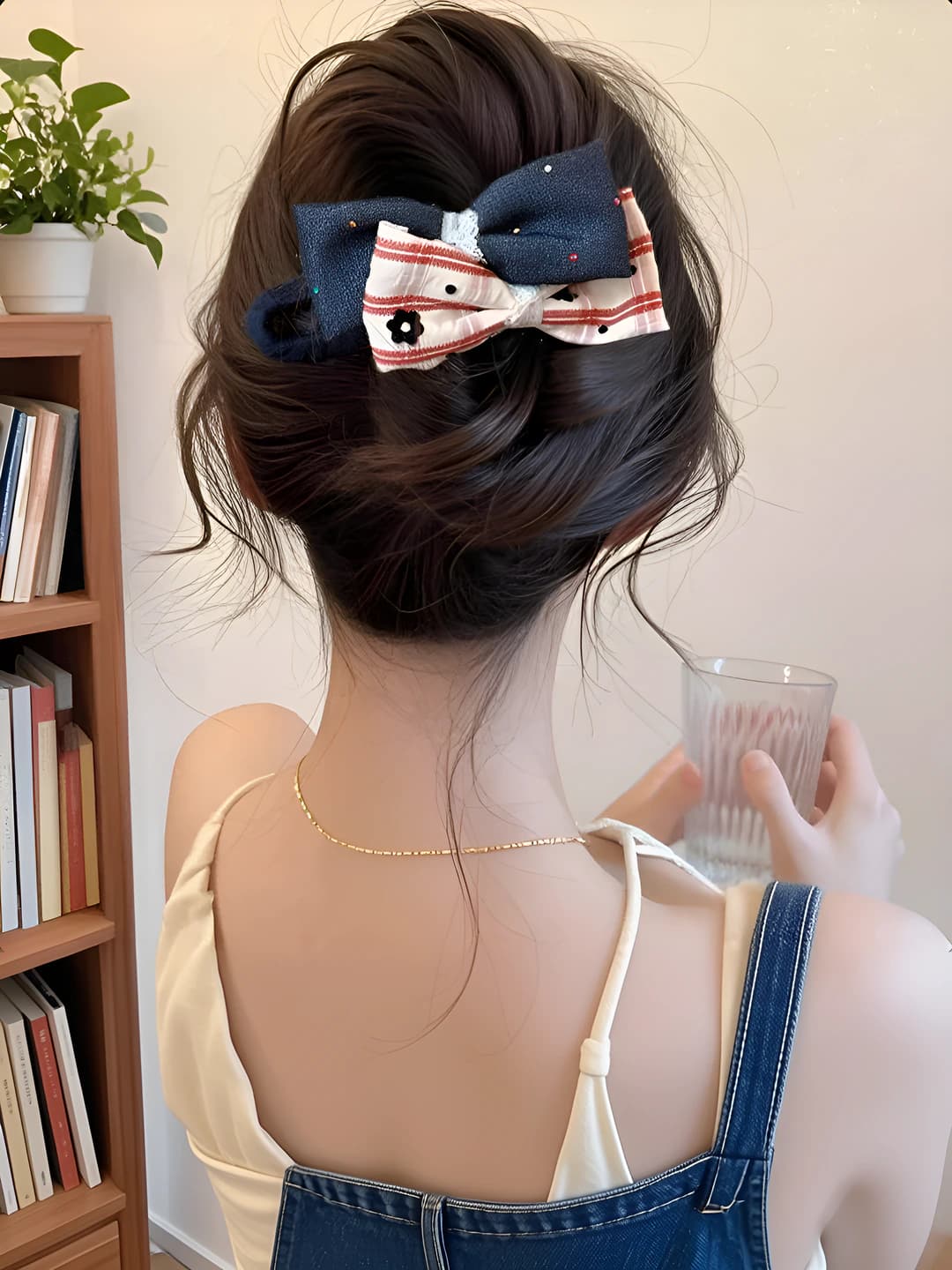 1# Denim blue + red striped double bow clip ~11.5 cm