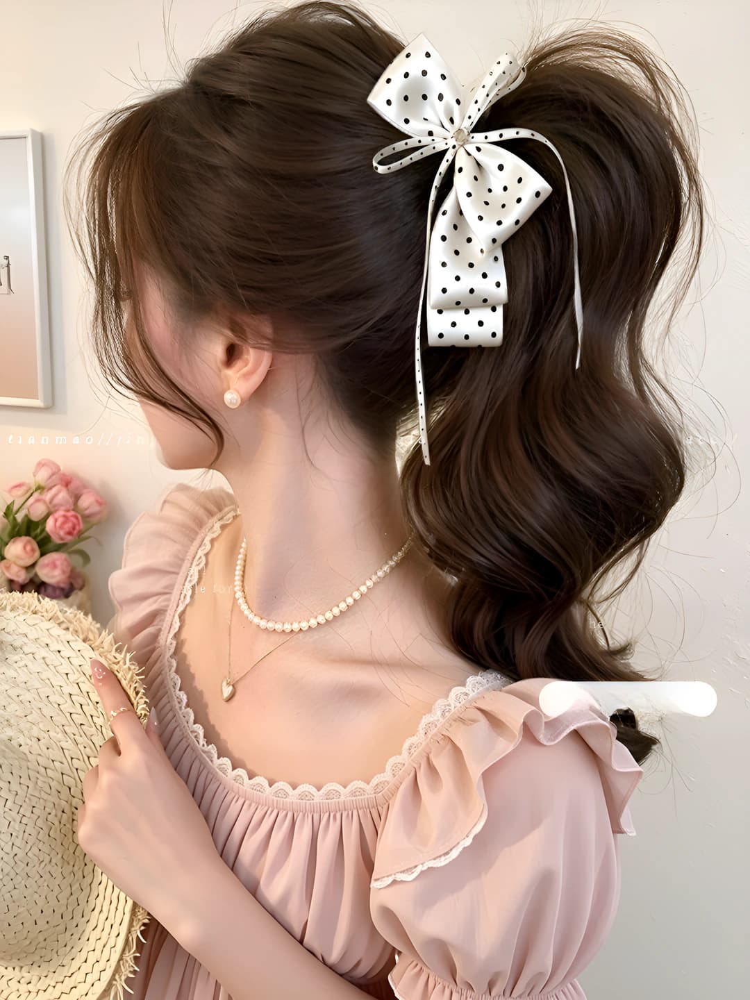 Beige polka dot banana clip ~13 cm, bow ~16 cm
