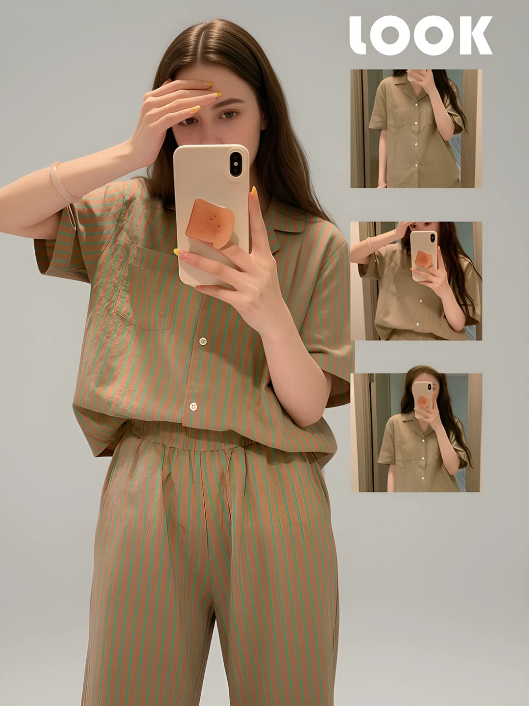 Women's summer thin striped pajama set, short sleeve, lapel collar, loungewear
