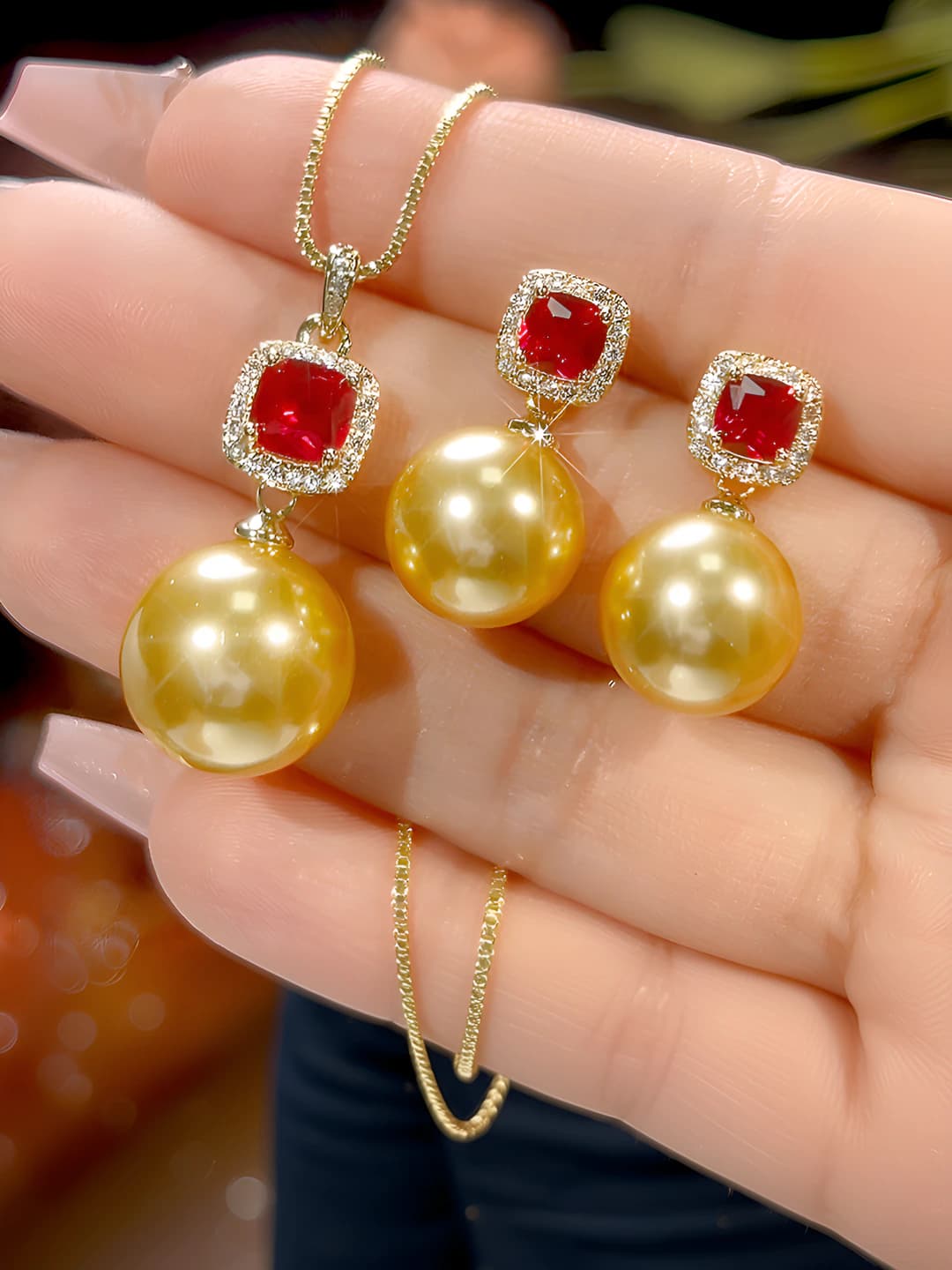 Women's 2026 metal set: jewelry with red ruby and gold plating