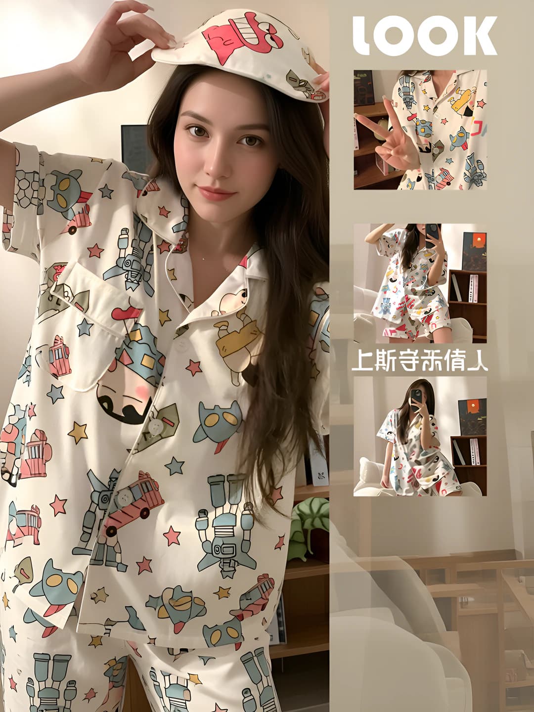 Women's summer short sleeve pajama set in Crayon Shin-chan cartoon style (cardigan and shorts)