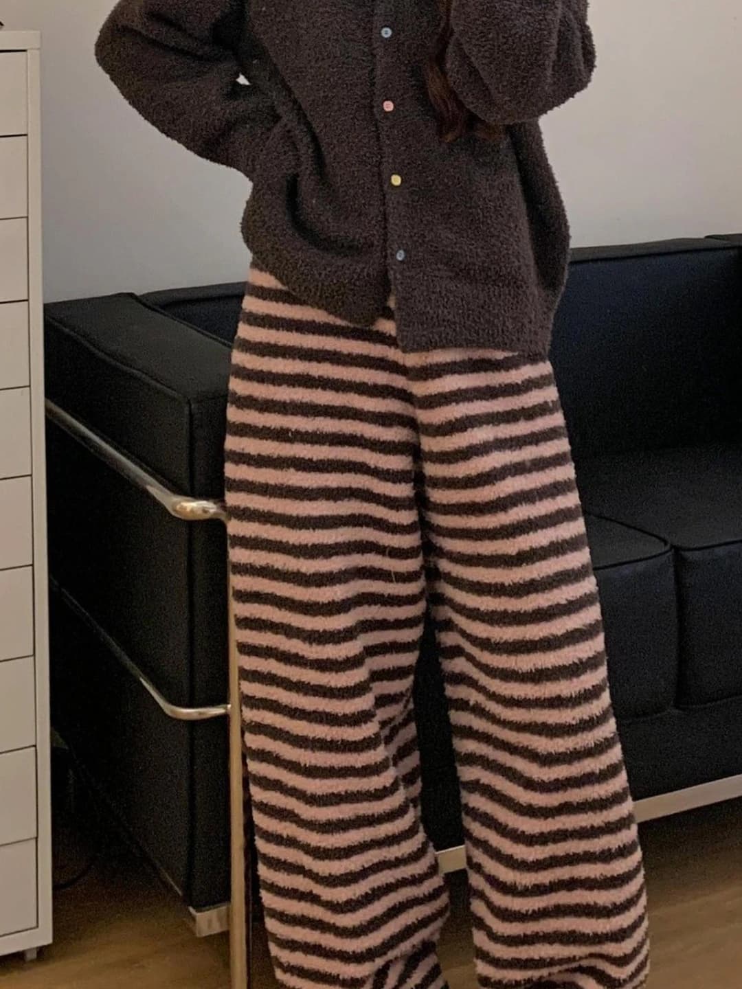 Women's Korean style retro striped coral fleece pajama set, thickened, fleece-lined, long sleeve, crew neck, for winter and autumn