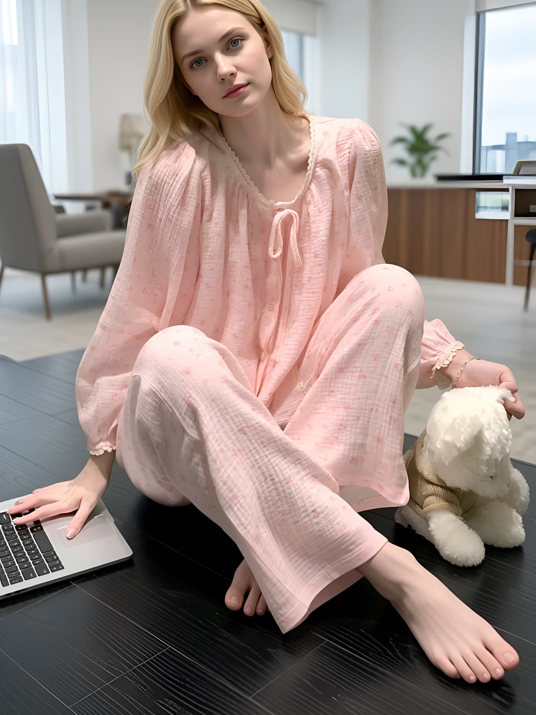 Women's 2026 spring-autumn sweet pink lace edge floral print long sleeve pajama set