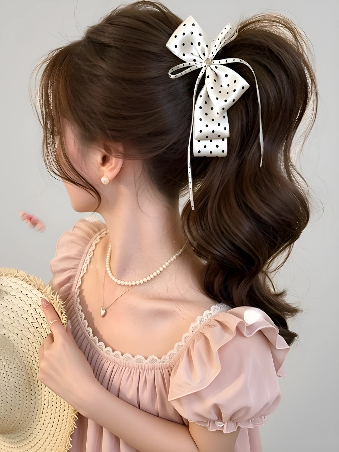 Beige polka dot banana clip ~13 cm, bow ~16 cm