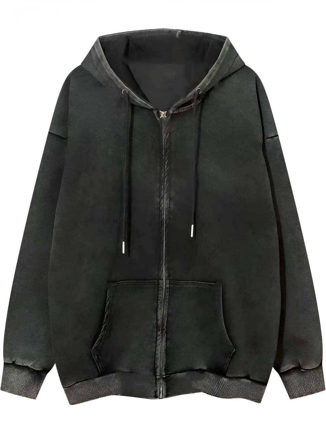Women's spring-autumn plus size loose fit zip-up hoodie, black, solid colour, long sleeve, cotton and polyester fabric