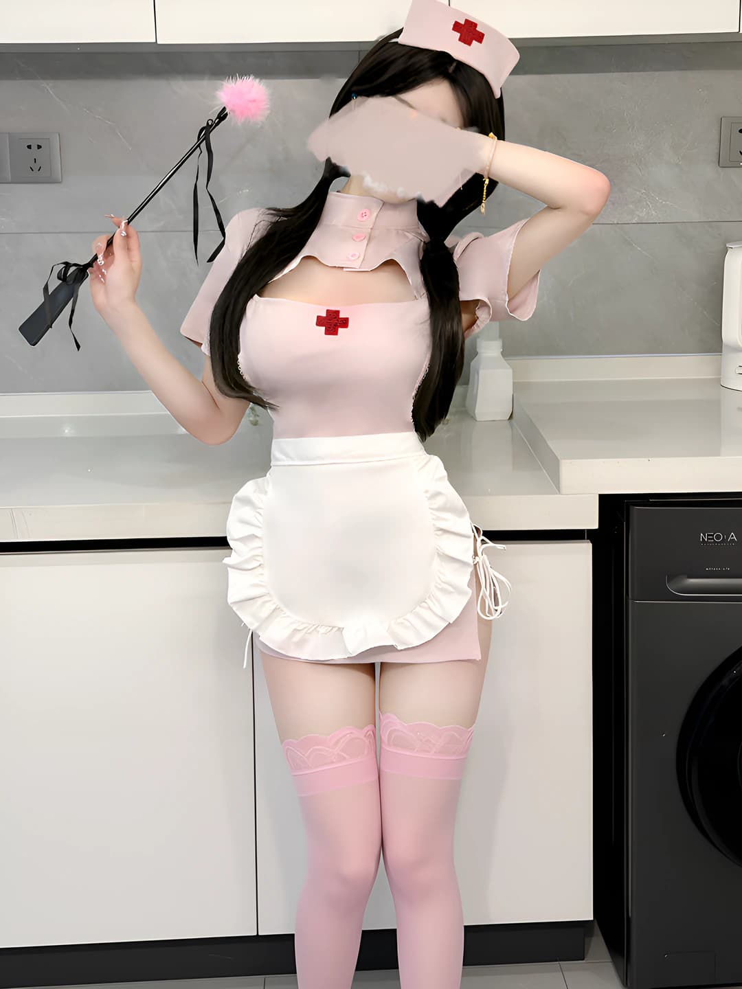 Women's nurse role-play lingerie set: stand collar, slit, mesh pattern