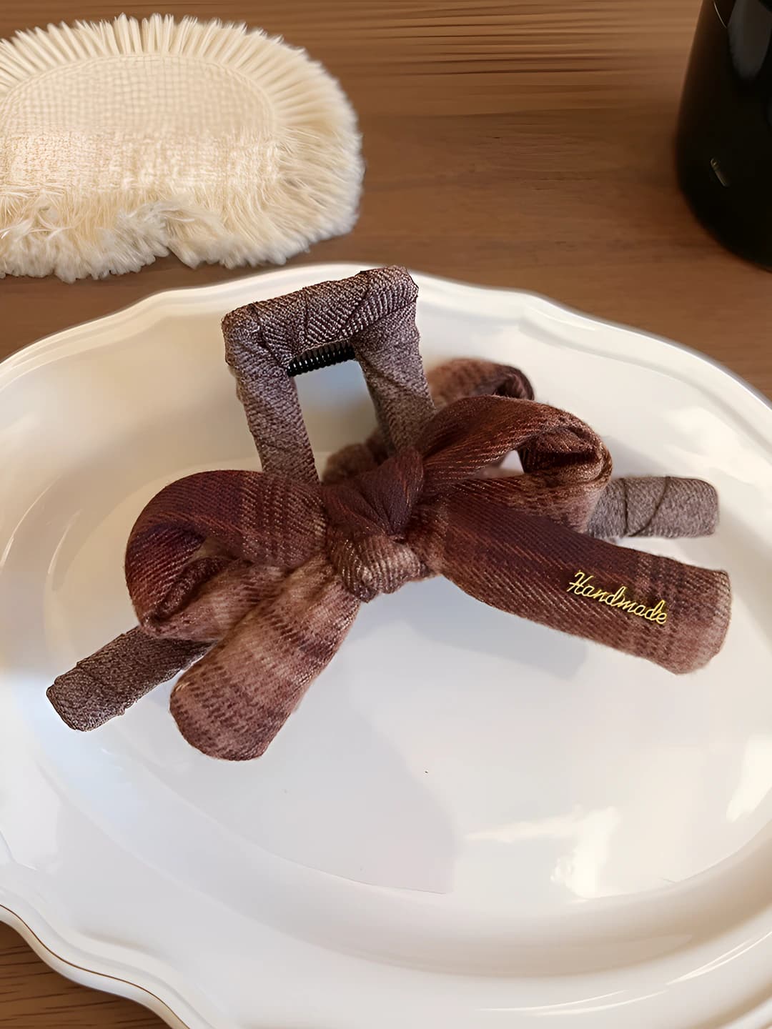 Coffee plaid bow clip 12.5 cm