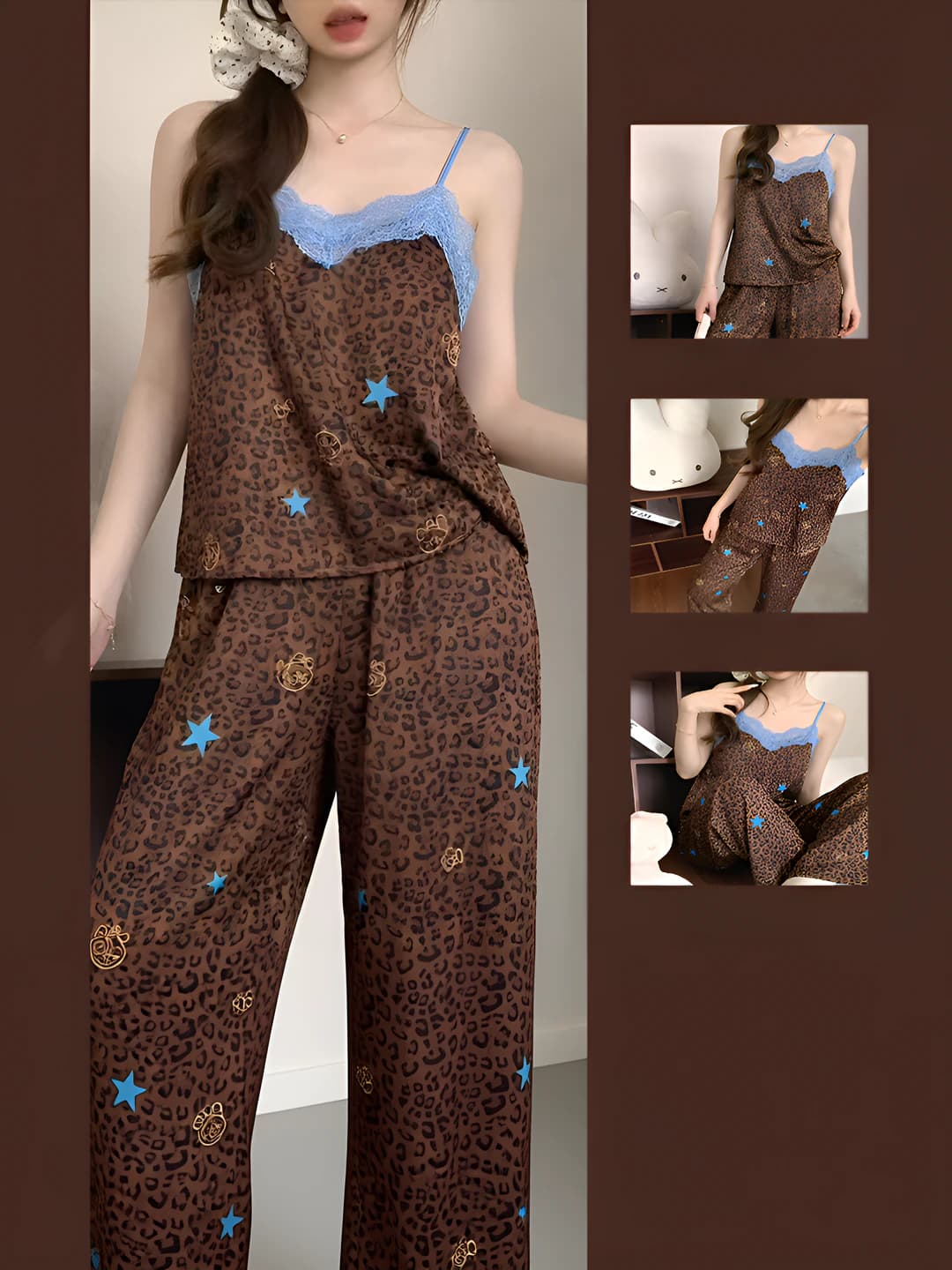 Ayollar uchun yozgi leopard naqshli dantelli yengsiz pijama to'plami, V-yoqa, uzun shim, ko'krak yostig'i bilan