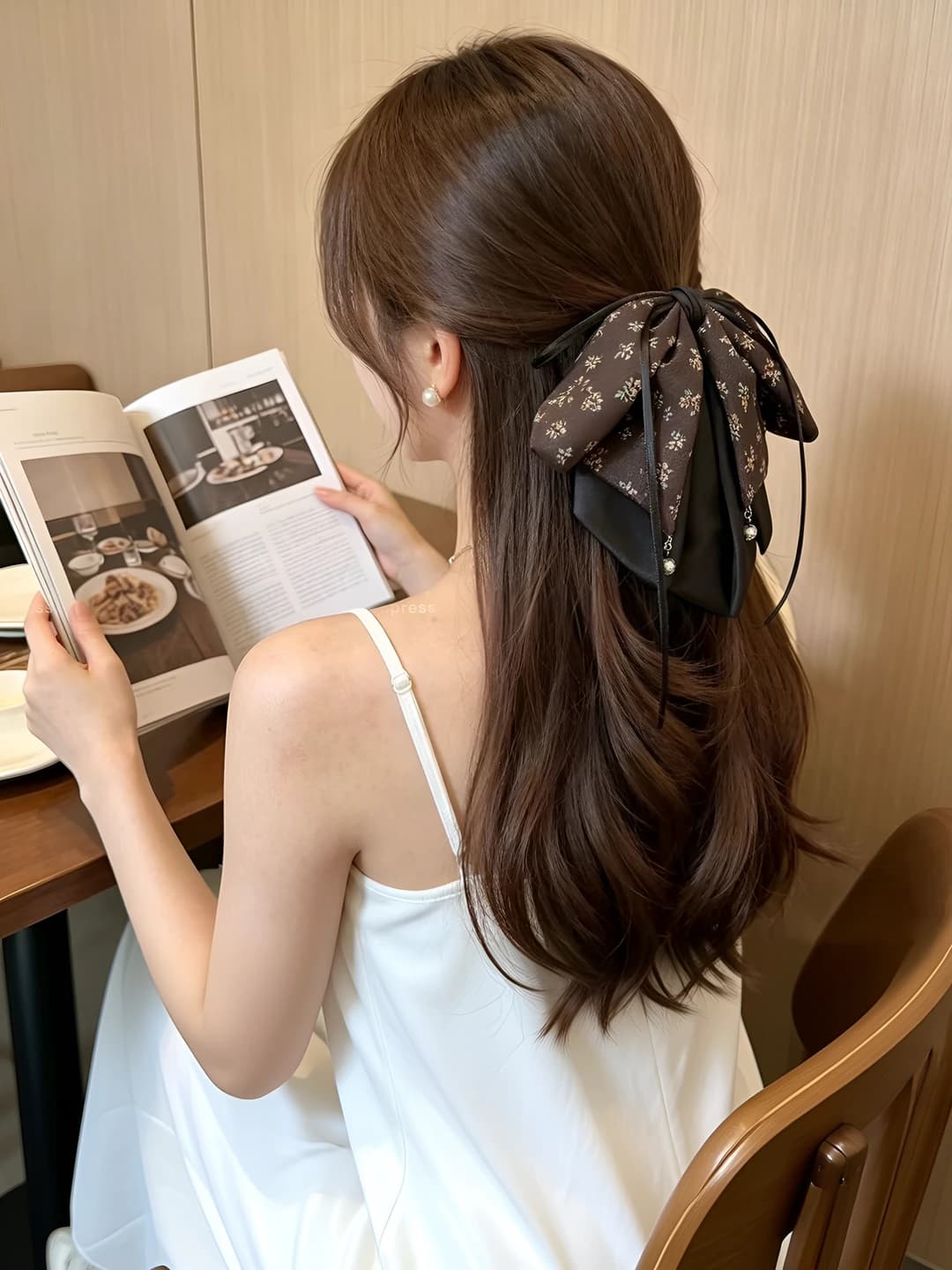 Coffee print bow pony clip ~4 cm