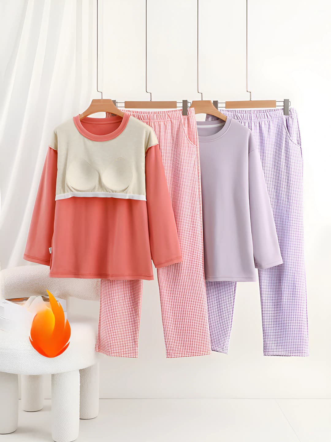 Ayollar uchun kuz-qish issiq saqlaydigan pijama to'plami: uzun yengli ko'ylak va uzun shim, ichida sutqon, dumaloq yoqa, bo'sh (oversize) kesim, katta o'lcham, uy kiyimi