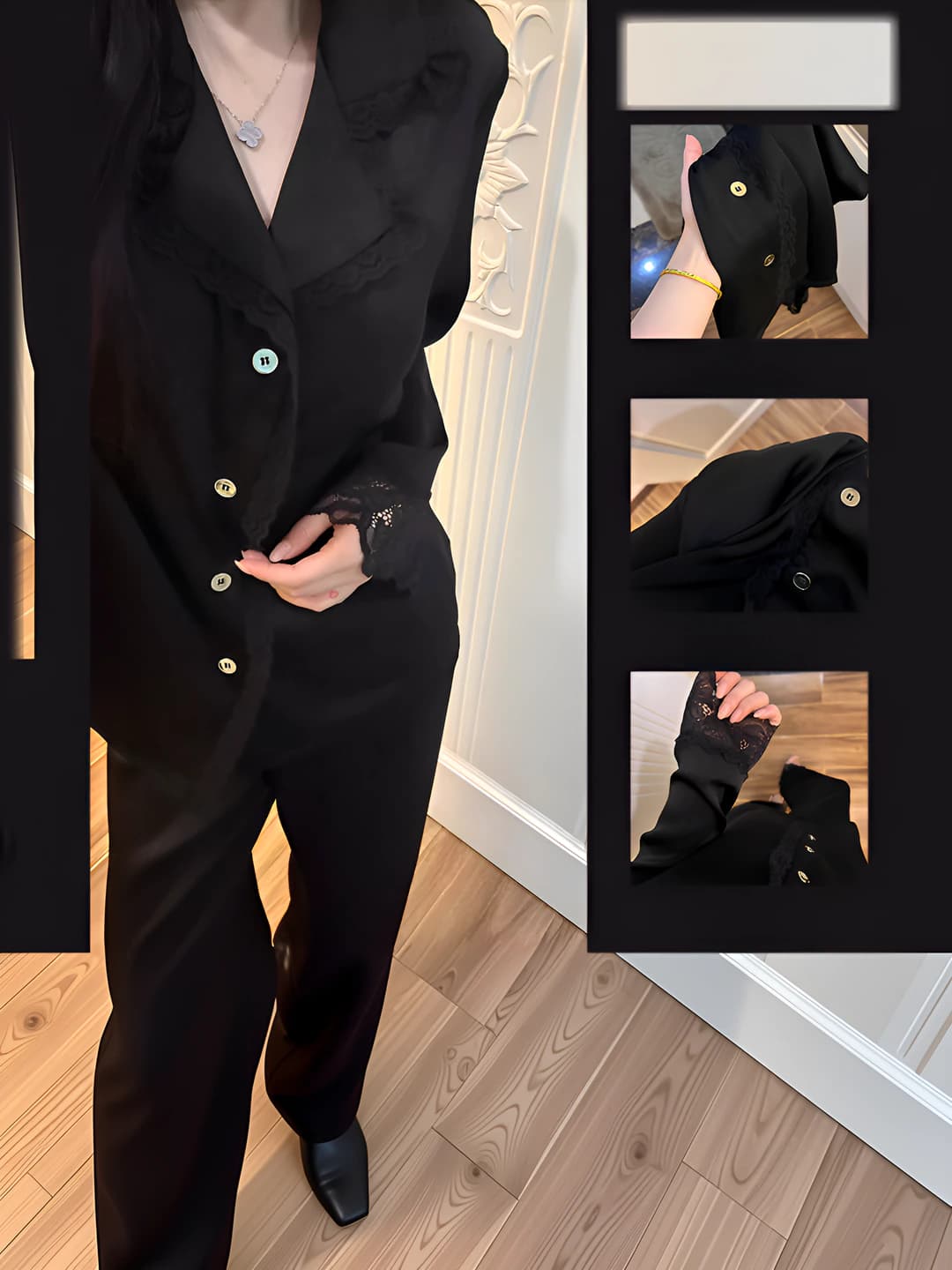 Ayollar uchun fransuz uslubidagi qora dantelli pijama to'plami, uzun yengli va uzun shimli, bo'sh (oversize) katta o'lcham, bahor-kuz uchun uy kiyimi