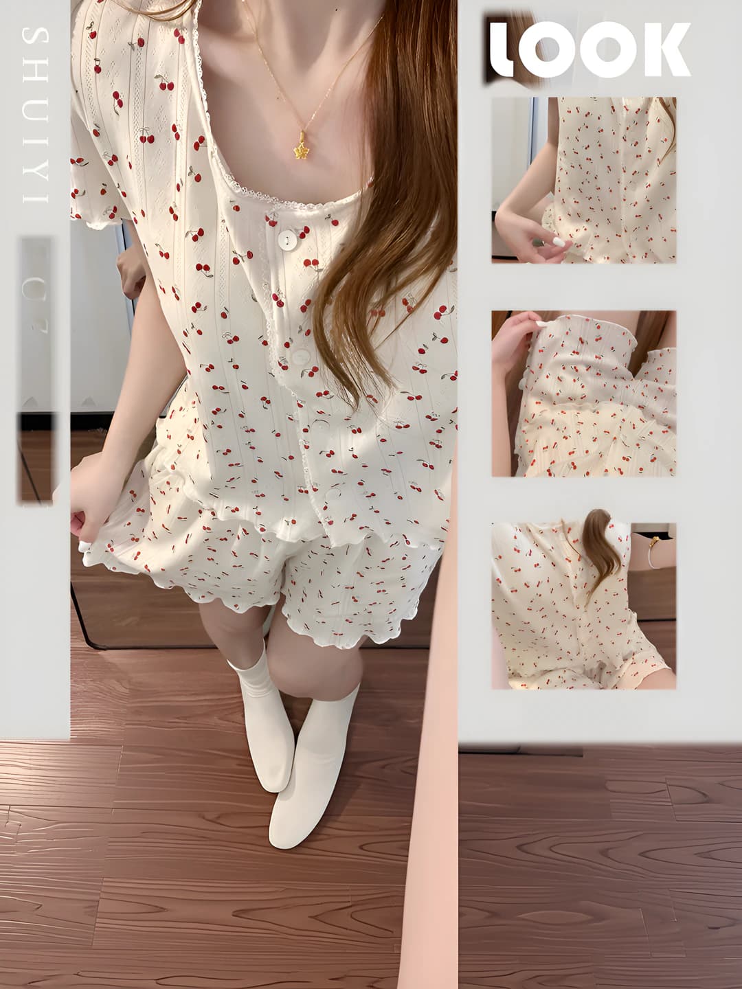 Women's thin short-sleeve pajama set with shorts, crew neck, sweet style with cherry print