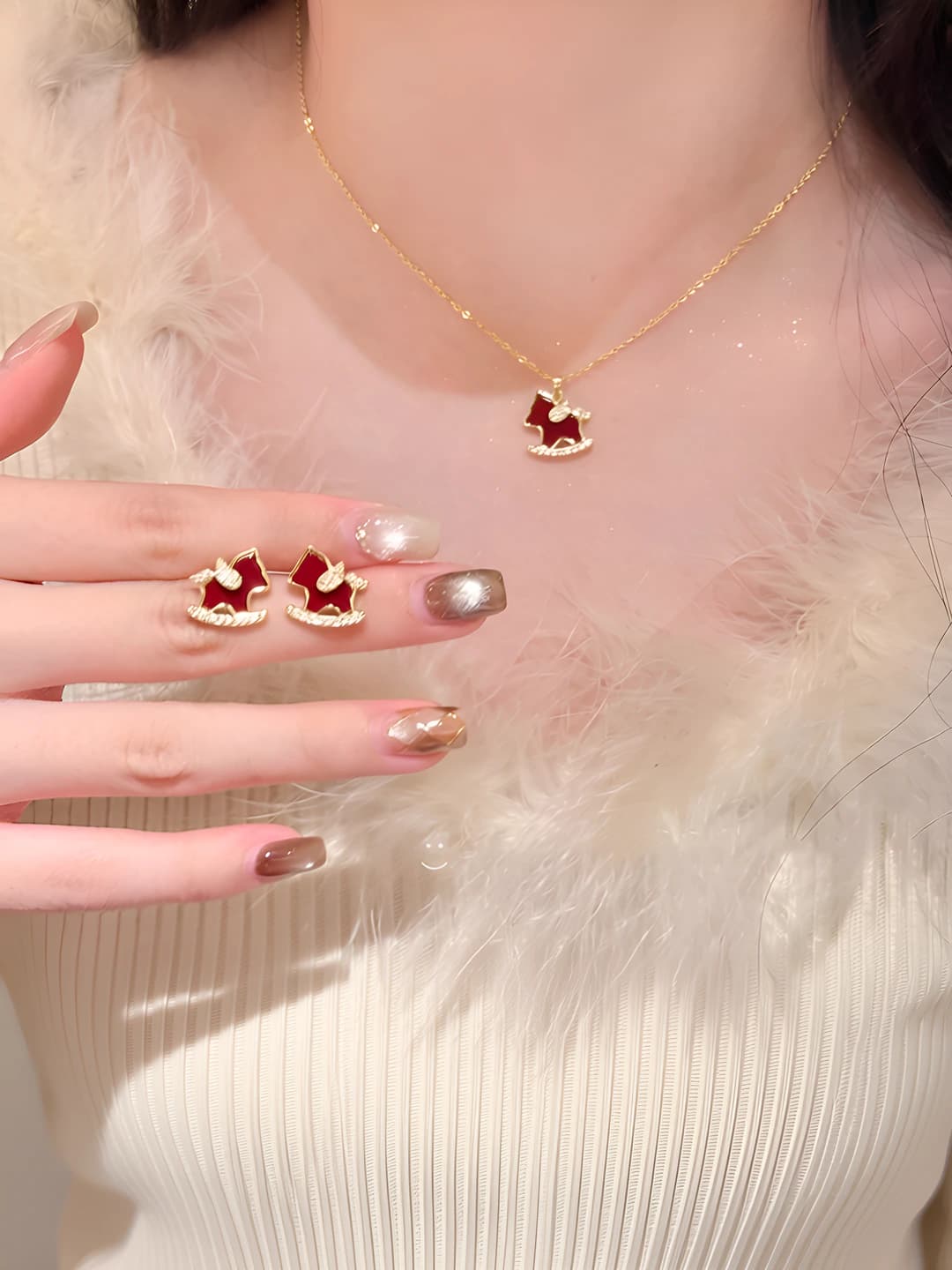 Red pony necklace + earrings set