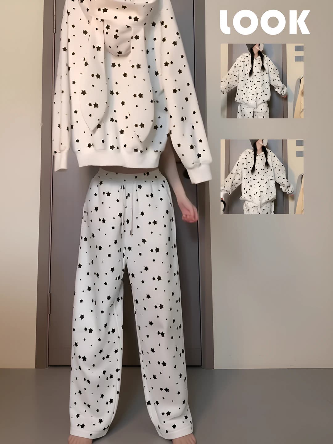 Women's loungewear set: cozy rabbit ear hooded top, star printed trousers, long sleeve, autumn-winter