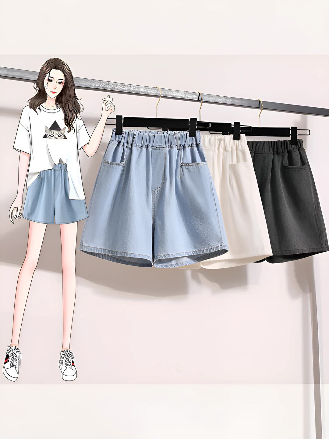 Women's A-line denim shorts, high waist, loose fit, slimming, plus size, thin