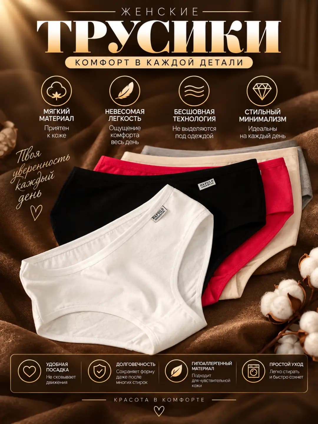 Women's pure cotton briefs, low waist, solid colour, all-season