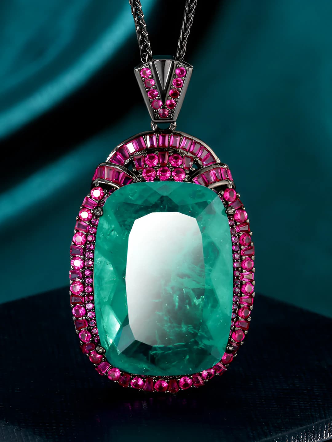 Women's 2026 retro pendant with simulated emerald and black gold, geometric shape, gold-plated bronze base with diamond setting, 20*28 mm