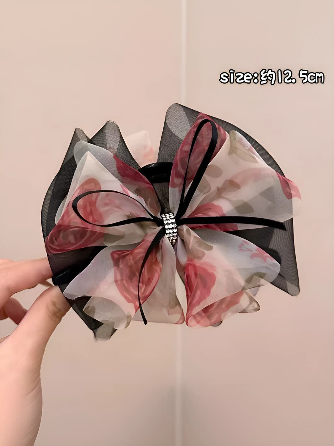 Apricot-pink fabric bow acrylic claw clip ~12.5 cm