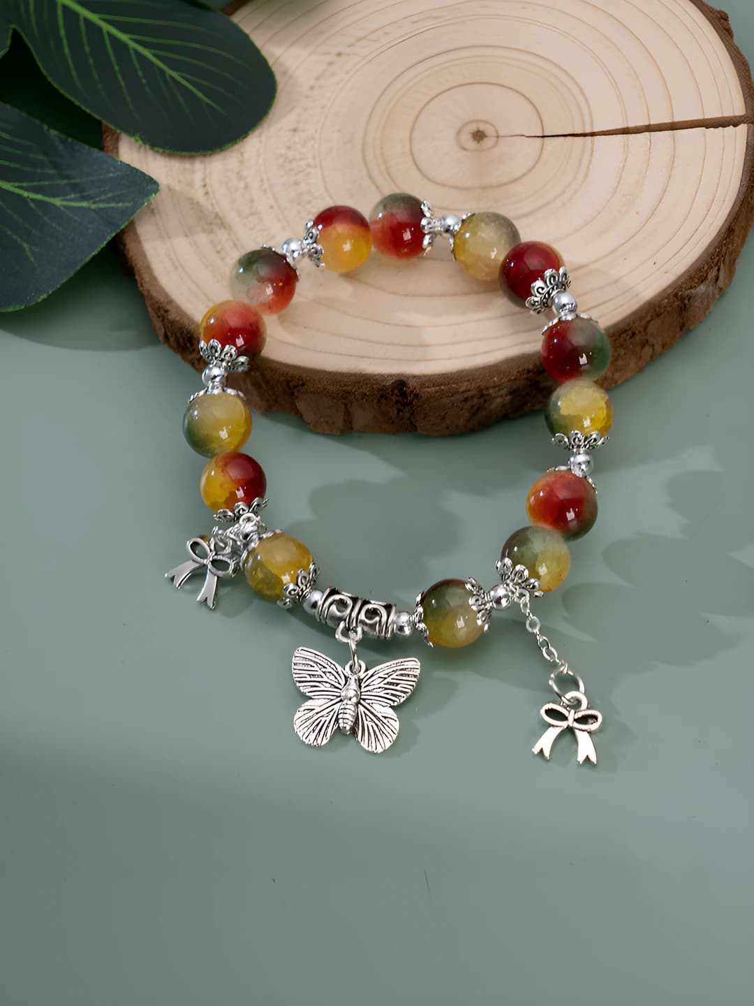 Jade multicolour pink butterfly double tassel bracelet #SZ486