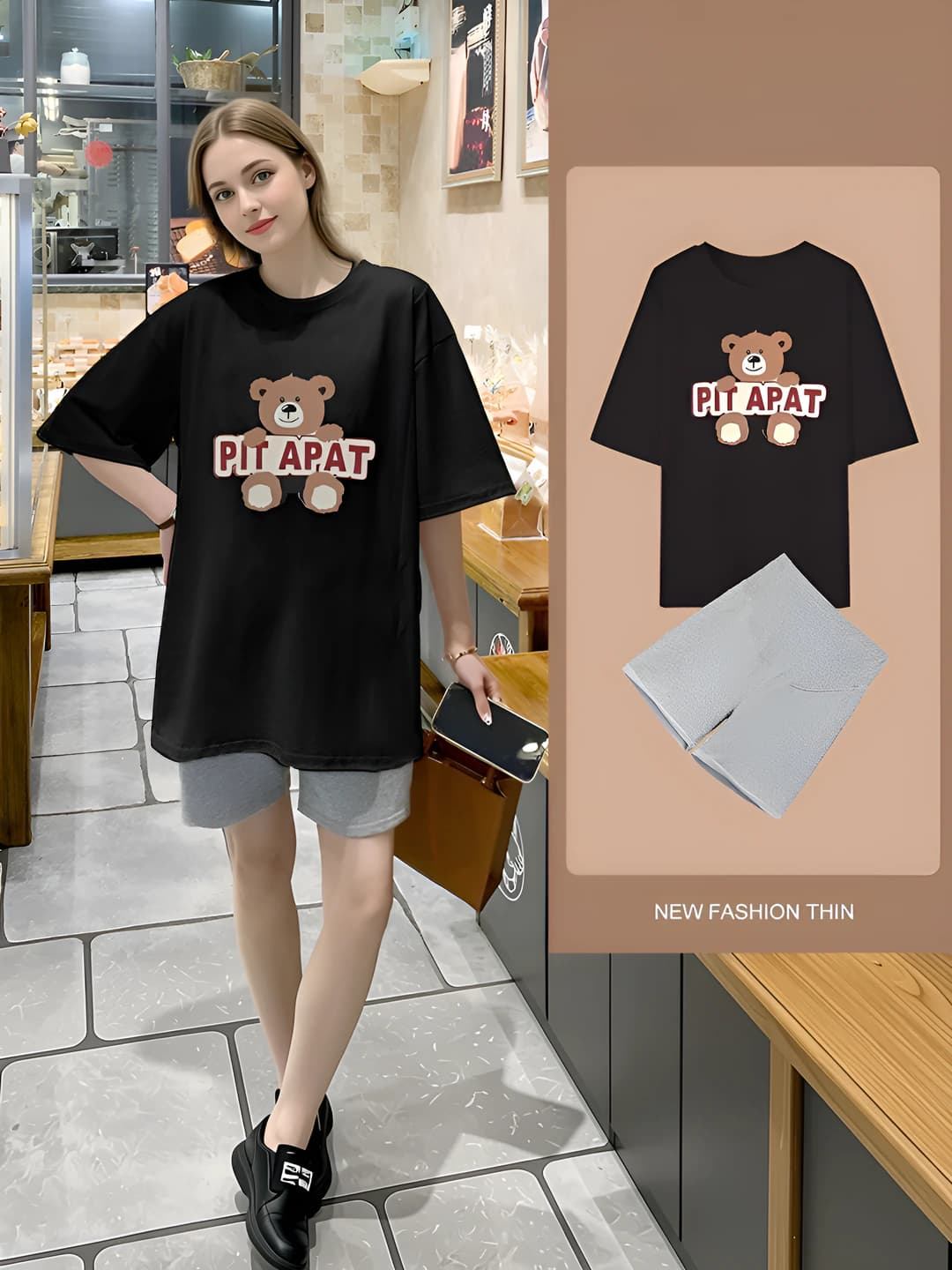 Black Bear Top + Gray Five-Finger Pants Set
