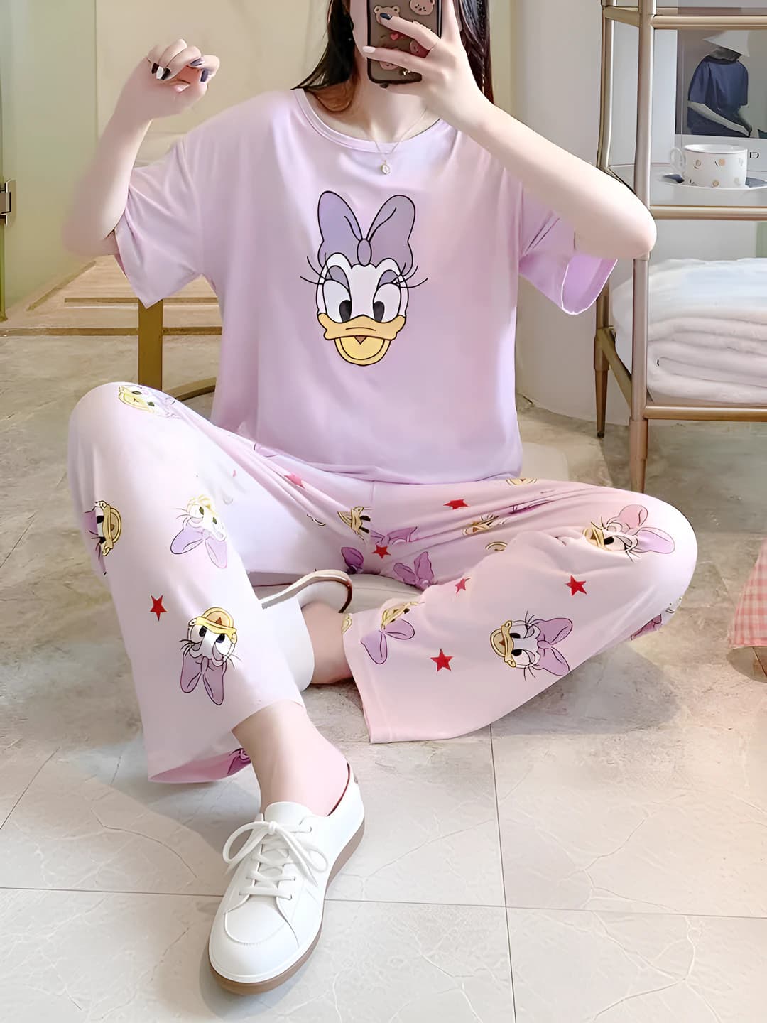Women's summer pajama set: thin, stretch, breathable, crew neck, short sleeve, trousers, loose fit, casual, loungewear