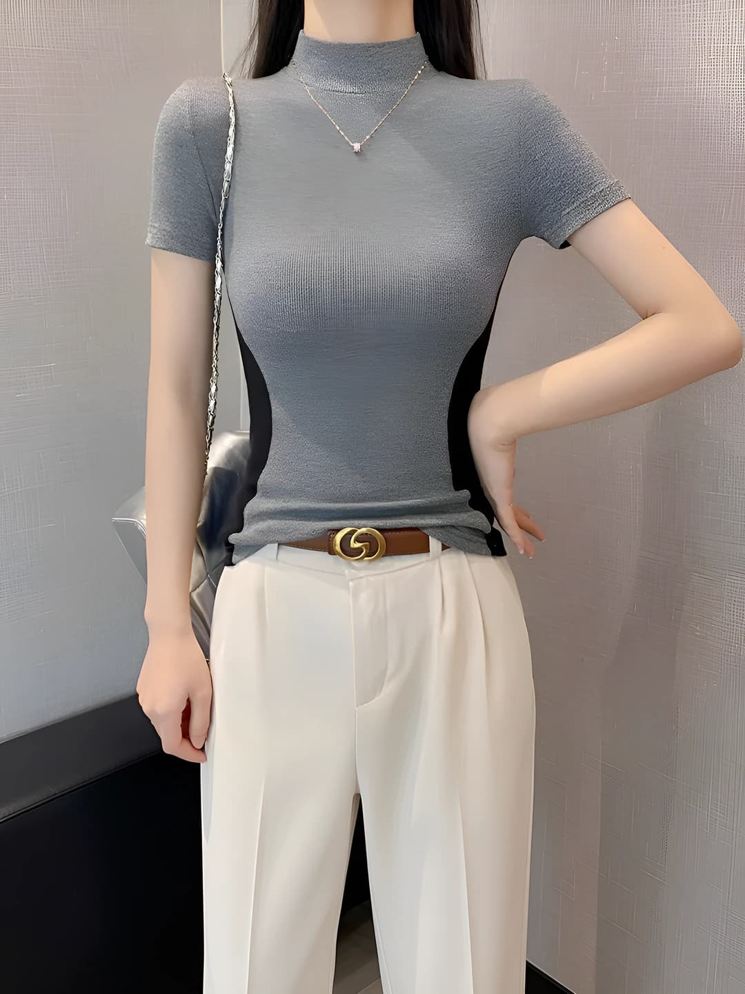 Grey [Mock neck] Short sleeve