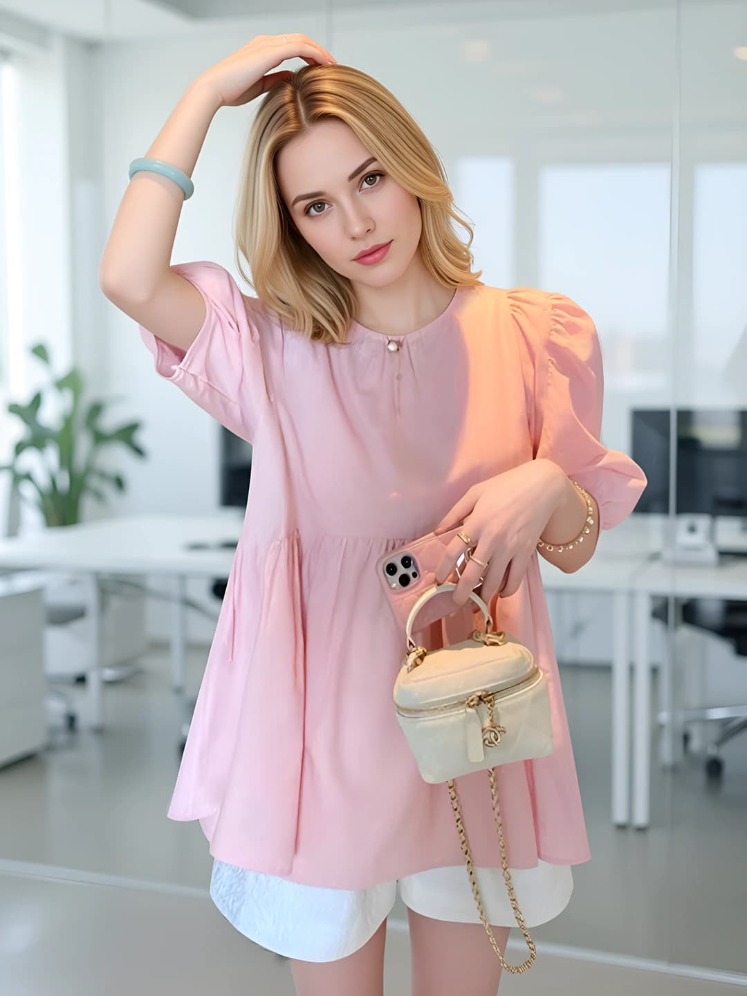 Розовый бант + белые шорты