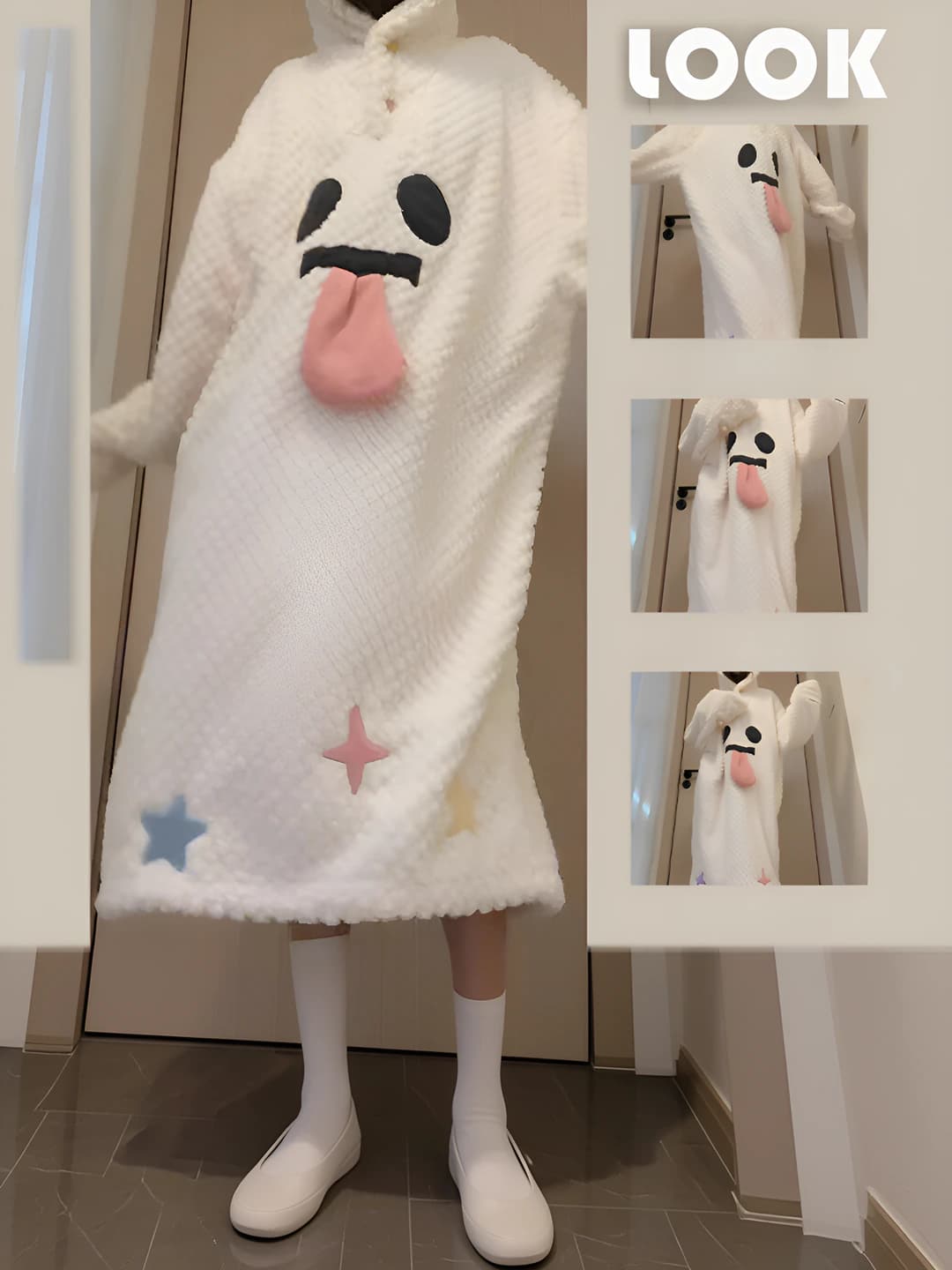Women's fleece-lined thickened nightgown with crew neck and long sleeve, for autumn-winter