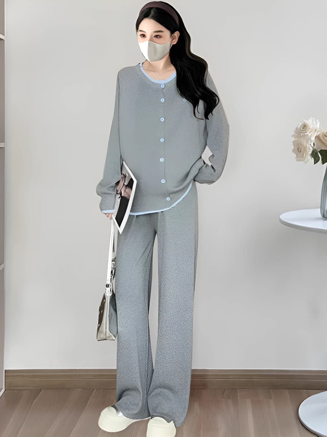 Women's casual spring-autumn 2026 set: long sleeve sweatshirt and trousers, black, polyester