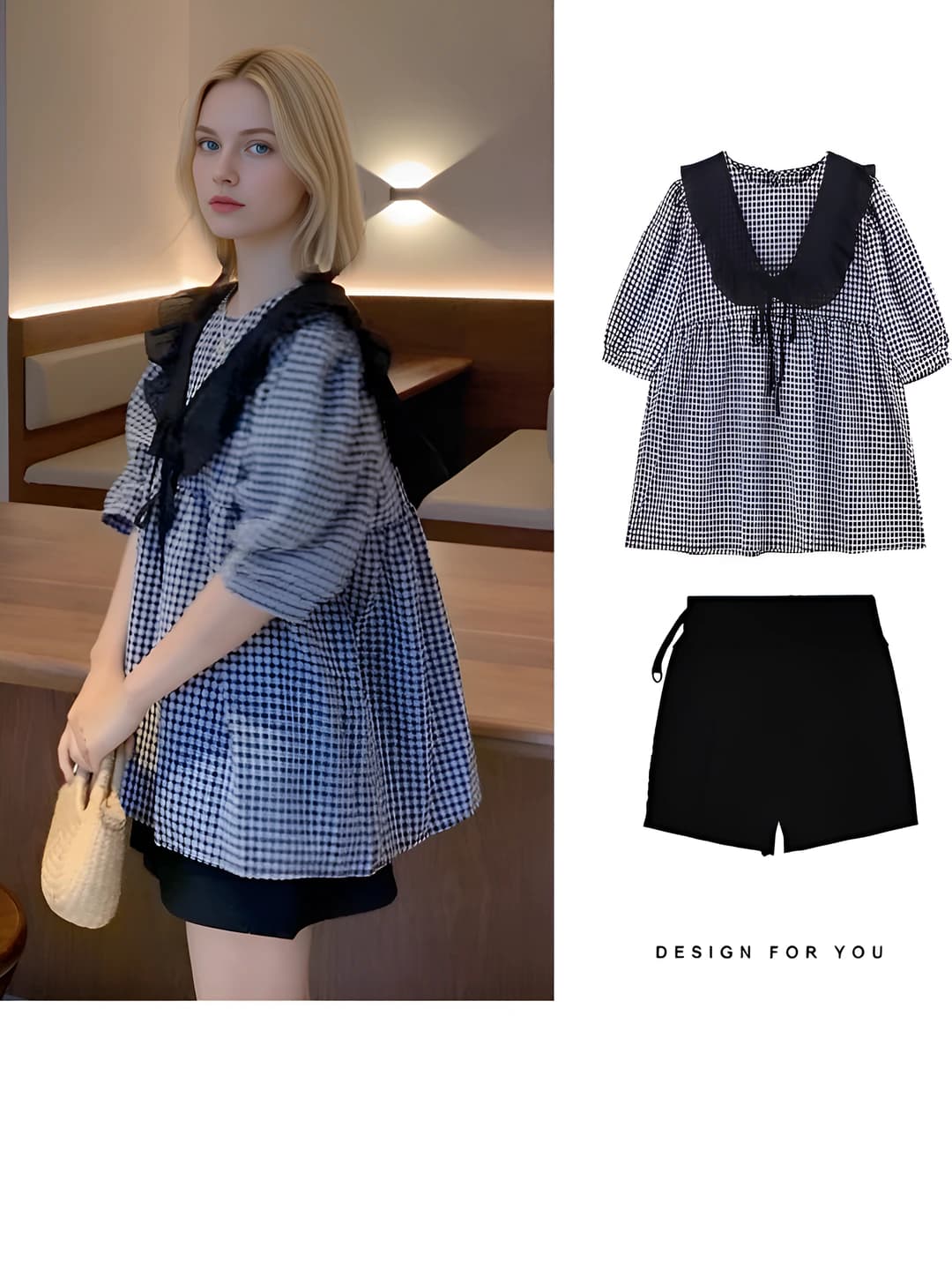 Women's summer checked set: short sleeve top and short shorts