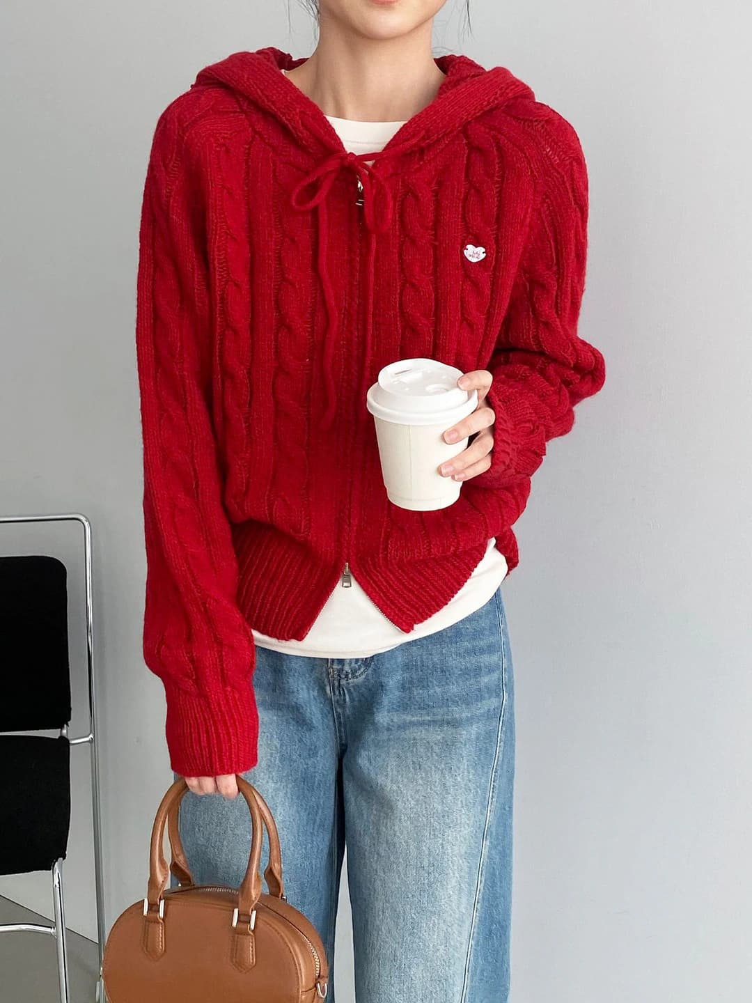 Women's early spring Korean style cable knit loose fit zip hooded knit cardigan