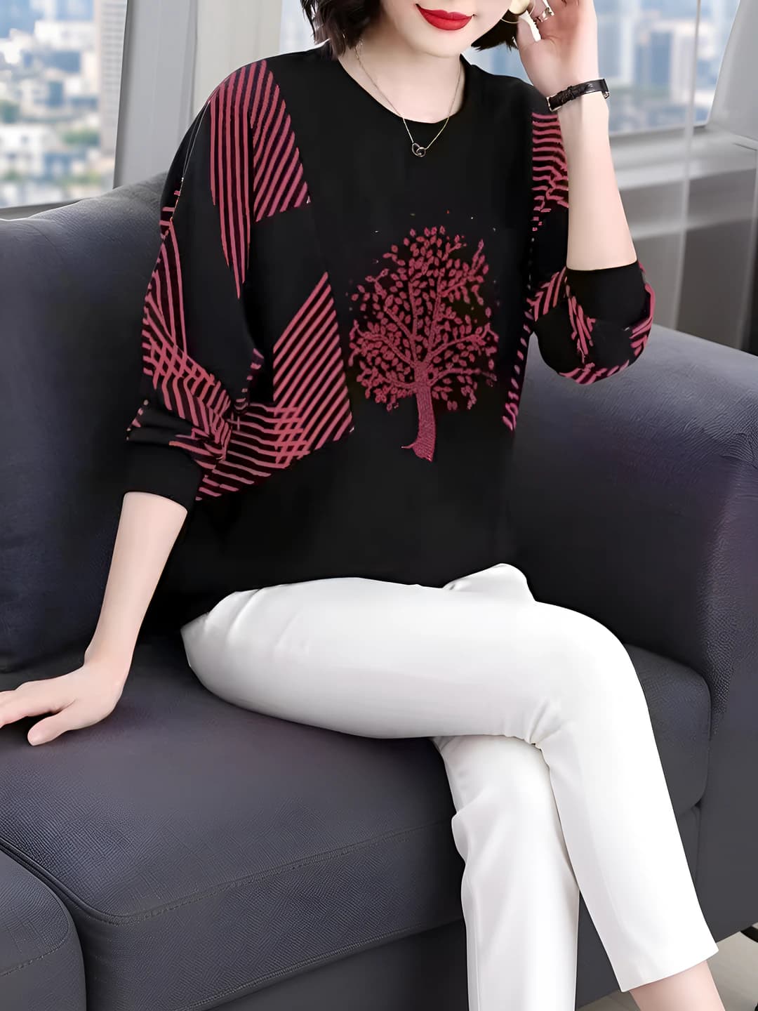 Women's plus size spring-autumn loose fit slimming printed long sleeve crew neck t-shirt
