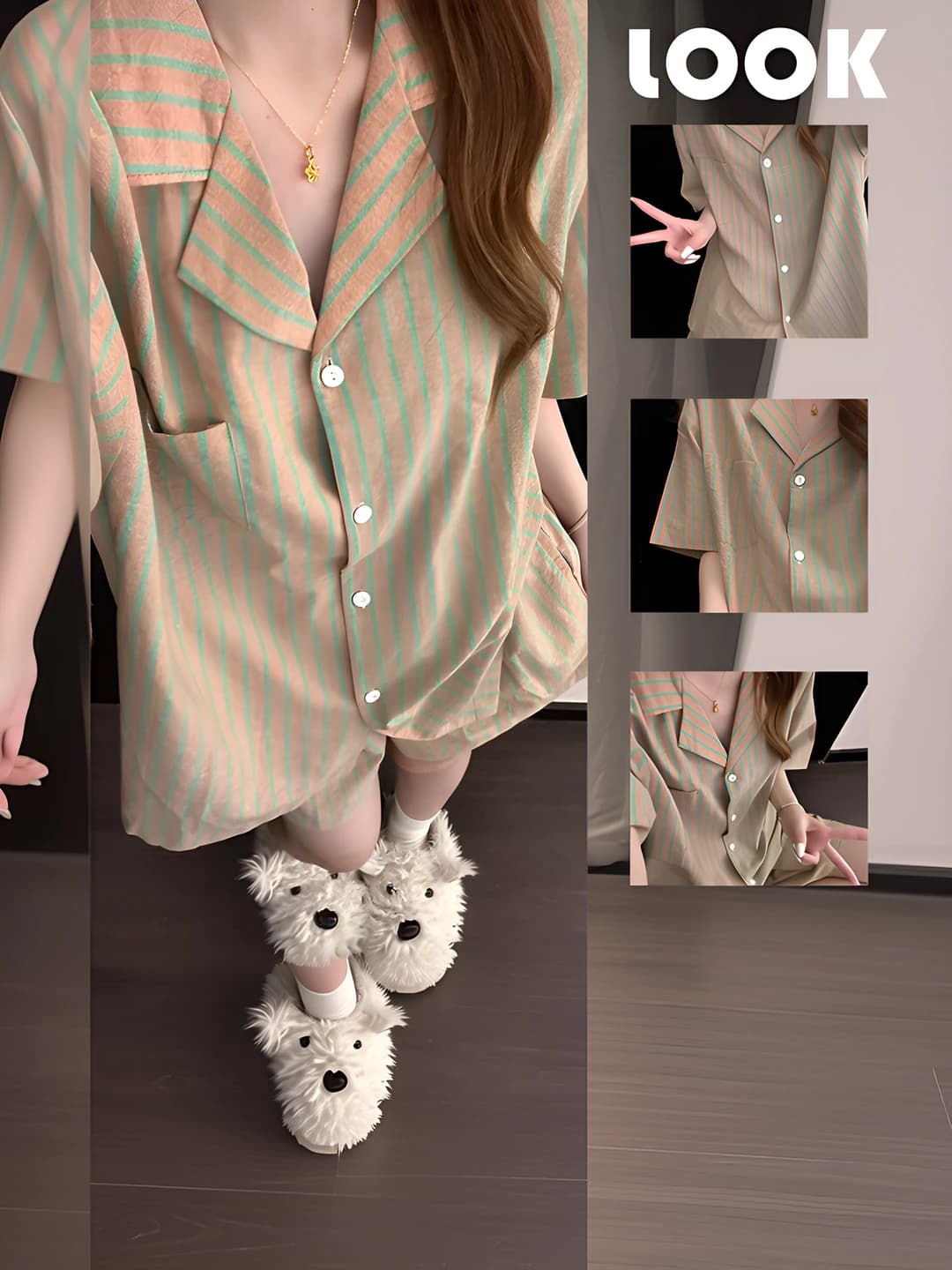Women's Korean style striped pajama set (short sleeve shirt and shorts), thin, lapel collar, loungewear