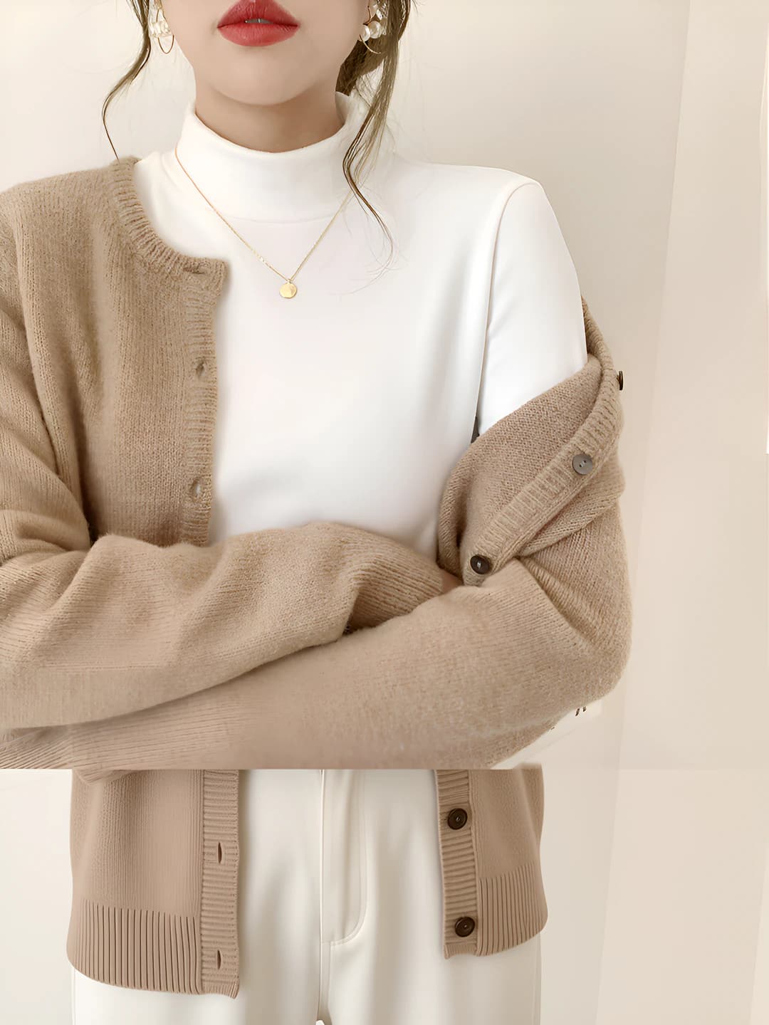 Women's long-sleeve base top with mock neck, stand collar, slim fit, solid colour, for autumn-winter and spring-autumn