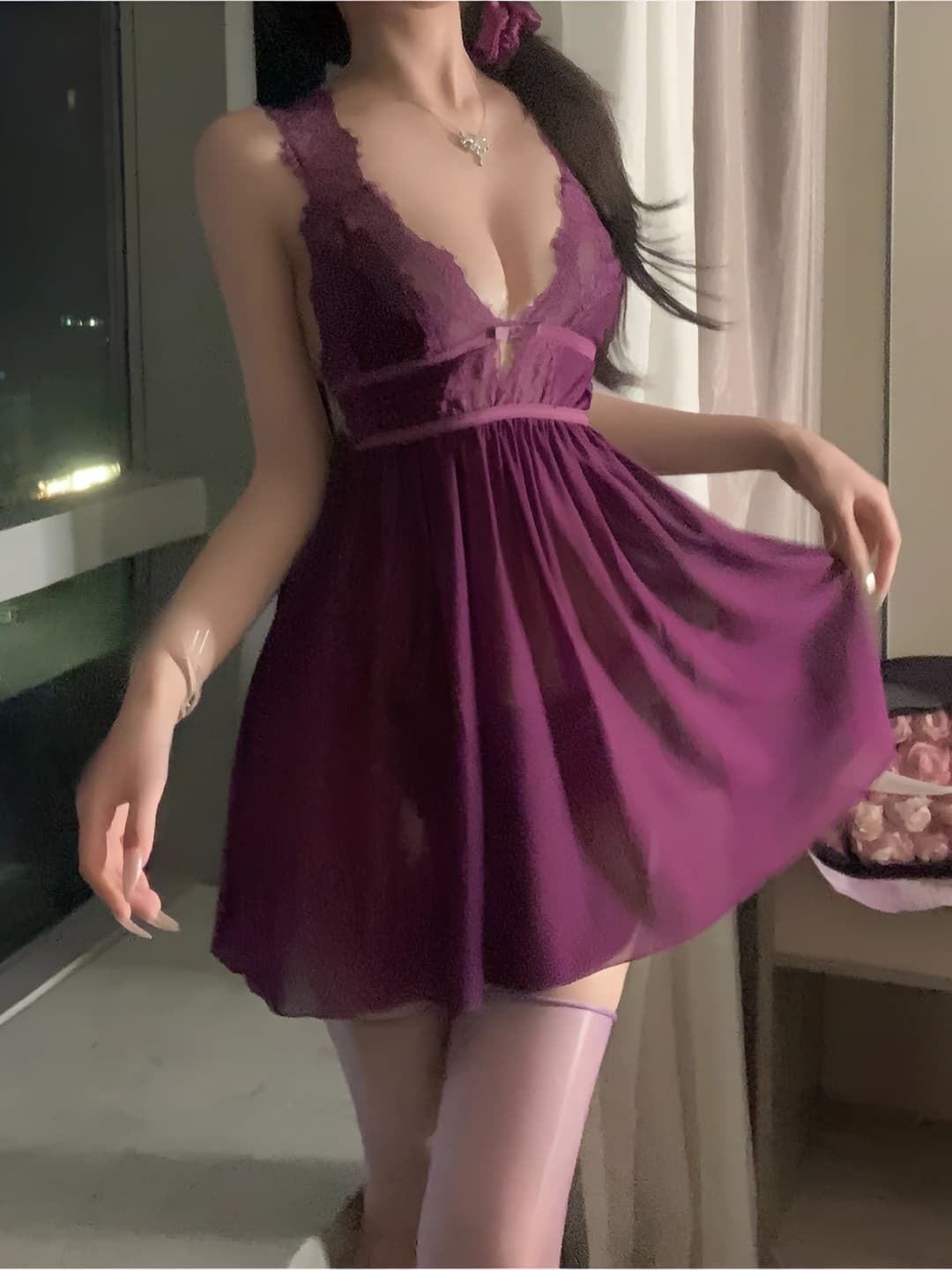 Women's lace nightgown, purple, deep V-neck, open back, thin, sleeveless, all-season