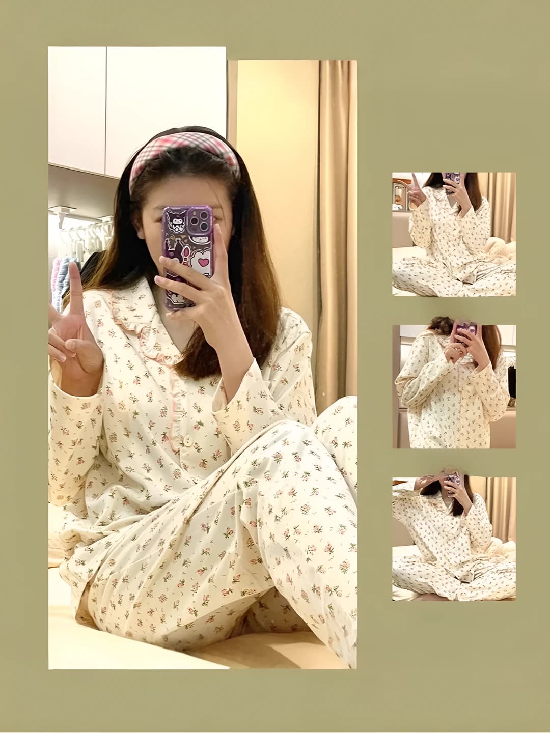 Women's floral long-sleeve pajama set (top and trousers), autumn, polyester, casual style