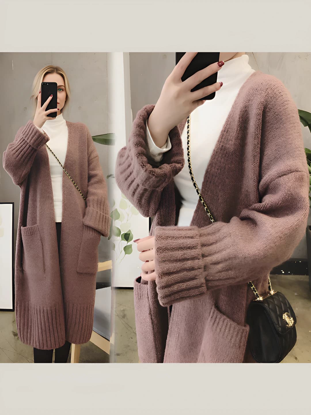 Women's knit cardigan, Korean style, spring-autumn, 2026, solid colour, loose fit, mid-length, V-neck, long sleeve