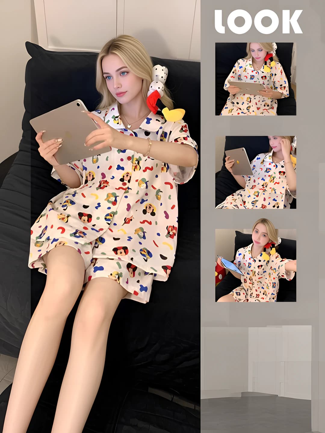 Women's summer short sleeve pajama set with shorts, Mickey printed, loose fit, plus size, loungewear, wearable outside