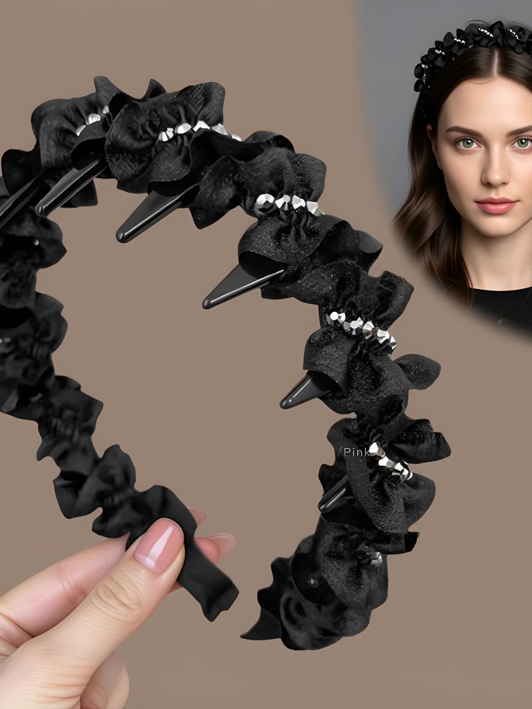 1# Ruffled crystal headband-Black*Fabric+Acrylic