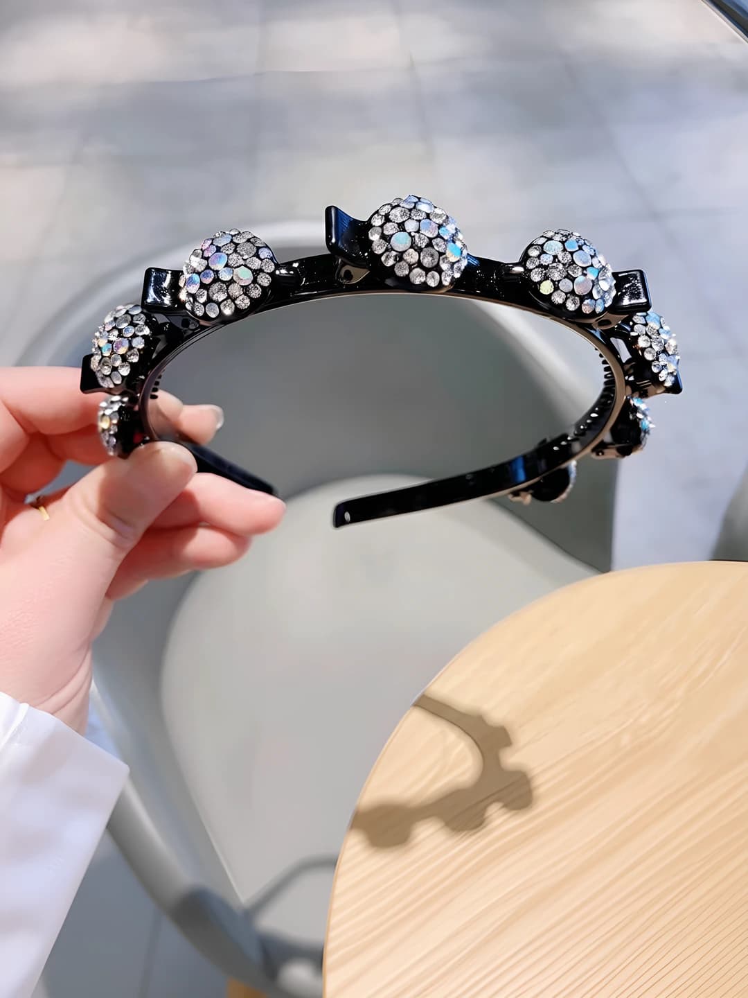 White headband, acrylic and rhinestones