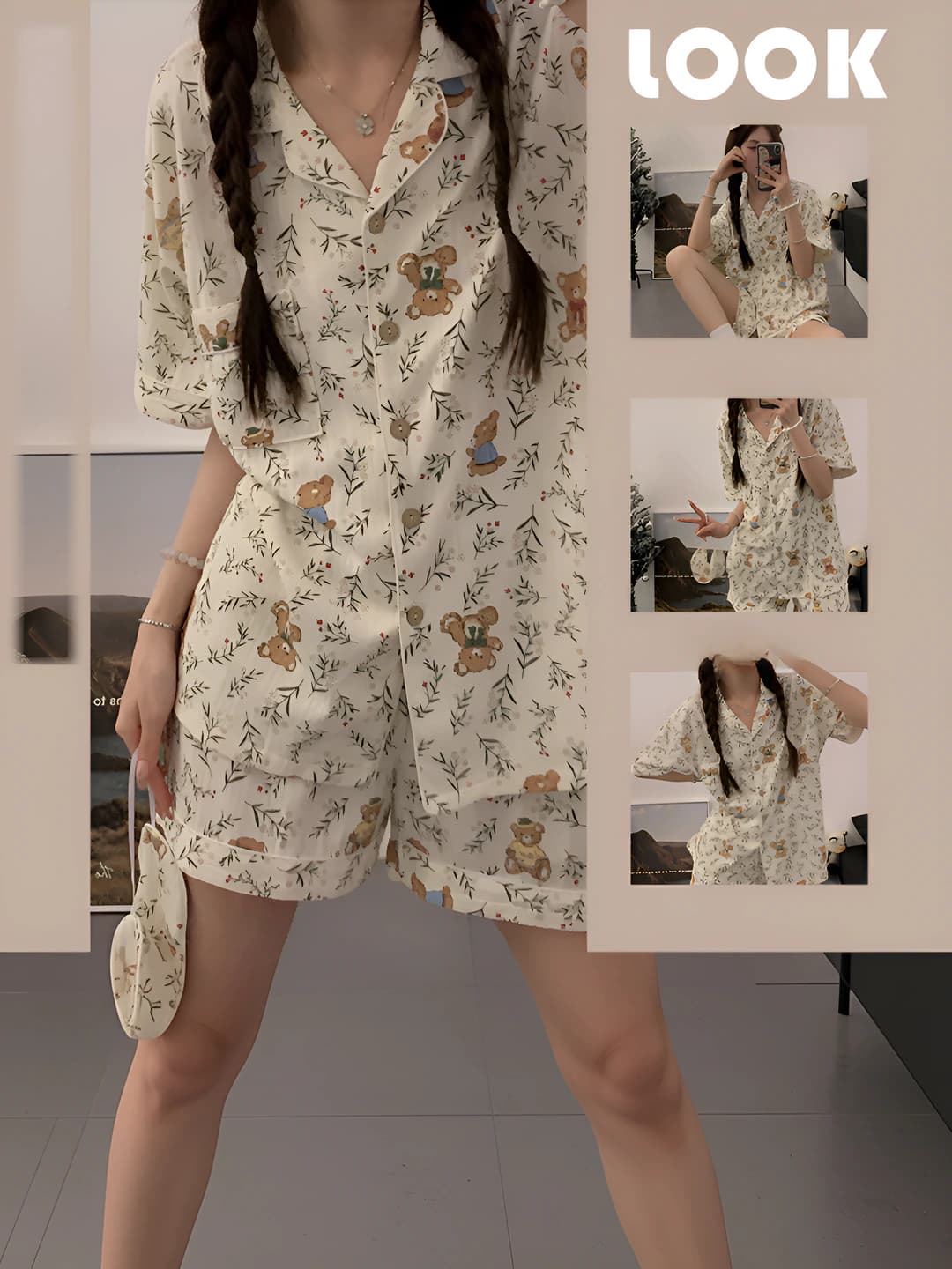 Women's summer pajama set: short sleeve cardigan and shorts, Korean style, cartoon bear pattern, loungewear