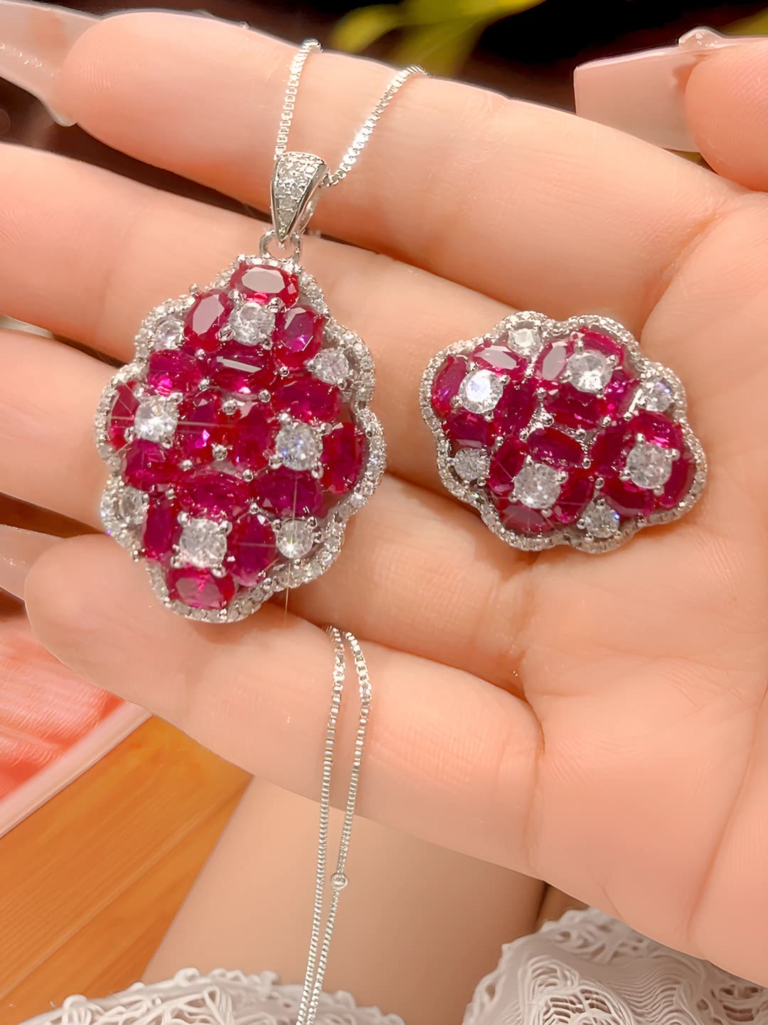 Women's lightweight luxury jewelry set with gold-plated brass base, artificial red ruby and zirconia