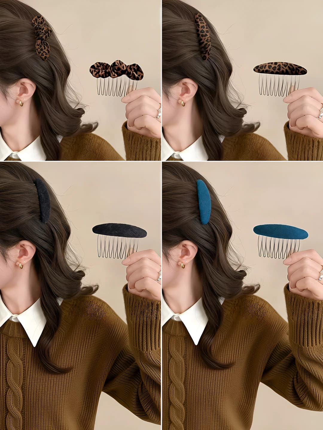 Women's black metal hair clip with leopard print and bow in retro style