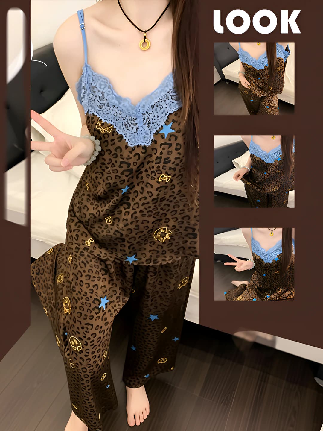 Women's summer pajama set: V-neck sleeveless lace camisole top and shorts, leopard print, thin polyester fabric, loose fit, Korean style